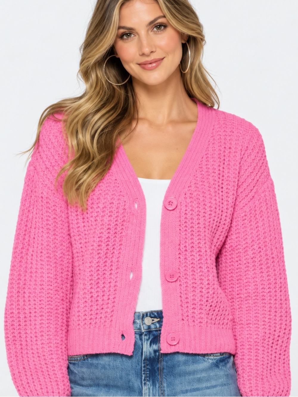 Love Ellie -Cozy Open-Knit Pink V-Neck Women’s Cardigan